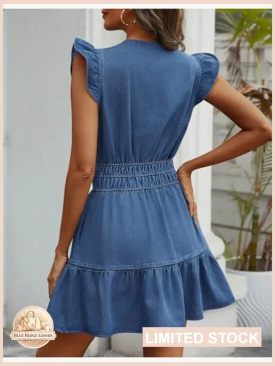 Denim Dress Ruffle Sleeve Empire Waist A-Line Mini Tiered Flowy with Pockets - Picture 2 of 7